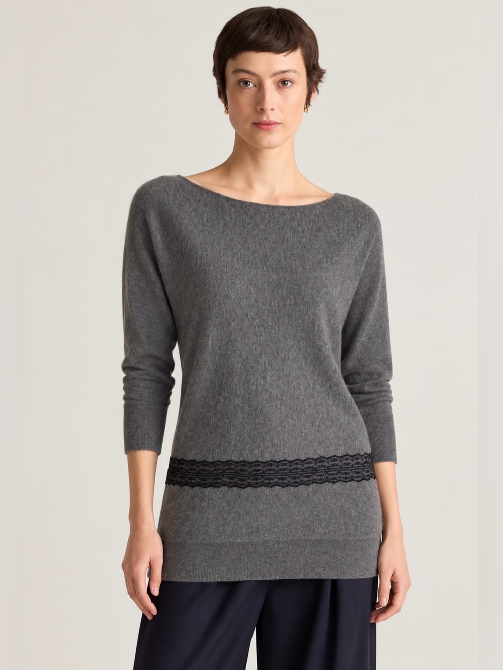 Donna Karan Cashmere Made in Italy Gray Boat Neck 3/4 Sleeve Lace Sweater Size S